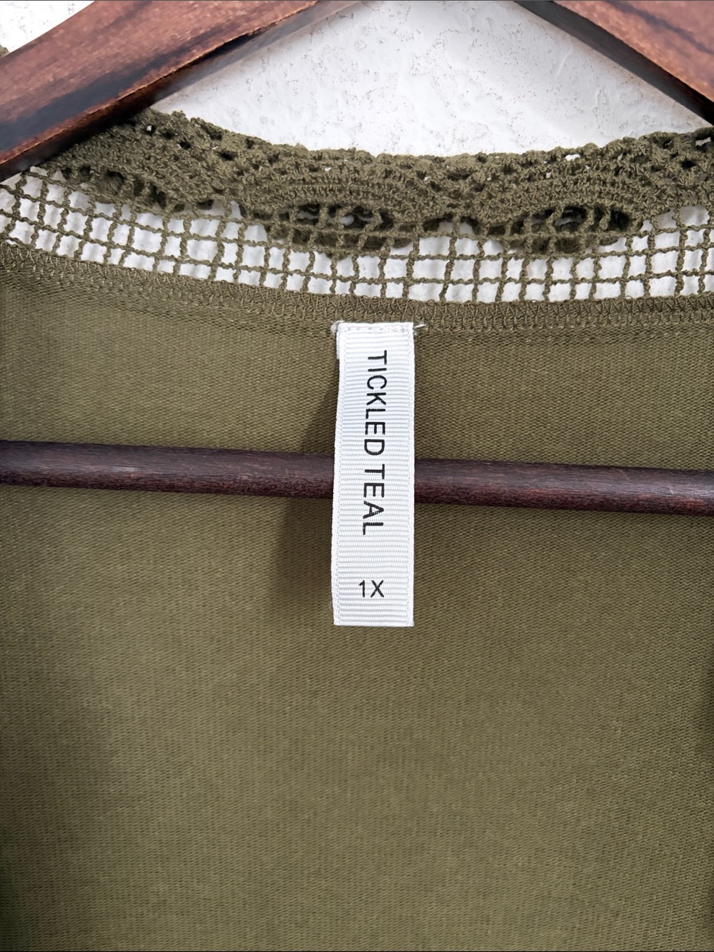 Tickled Teal Olive Green Lace Trim Long Duster Cardigan Womens Size 1X Boho - Picture 3 of 7